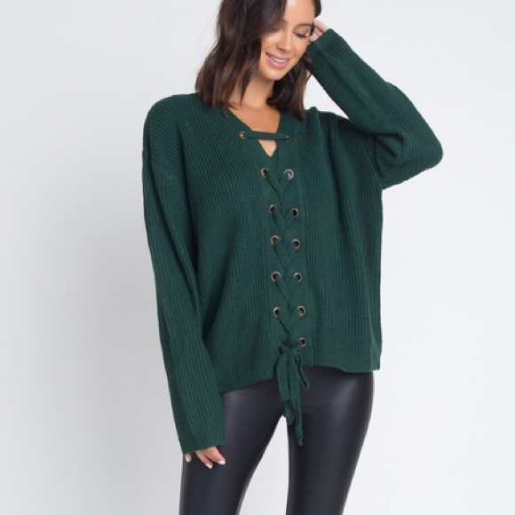 Blessed Btq Sweaters - LAST 1  //  ‘LESLIE’ Dark Green Lace-Up Sweater